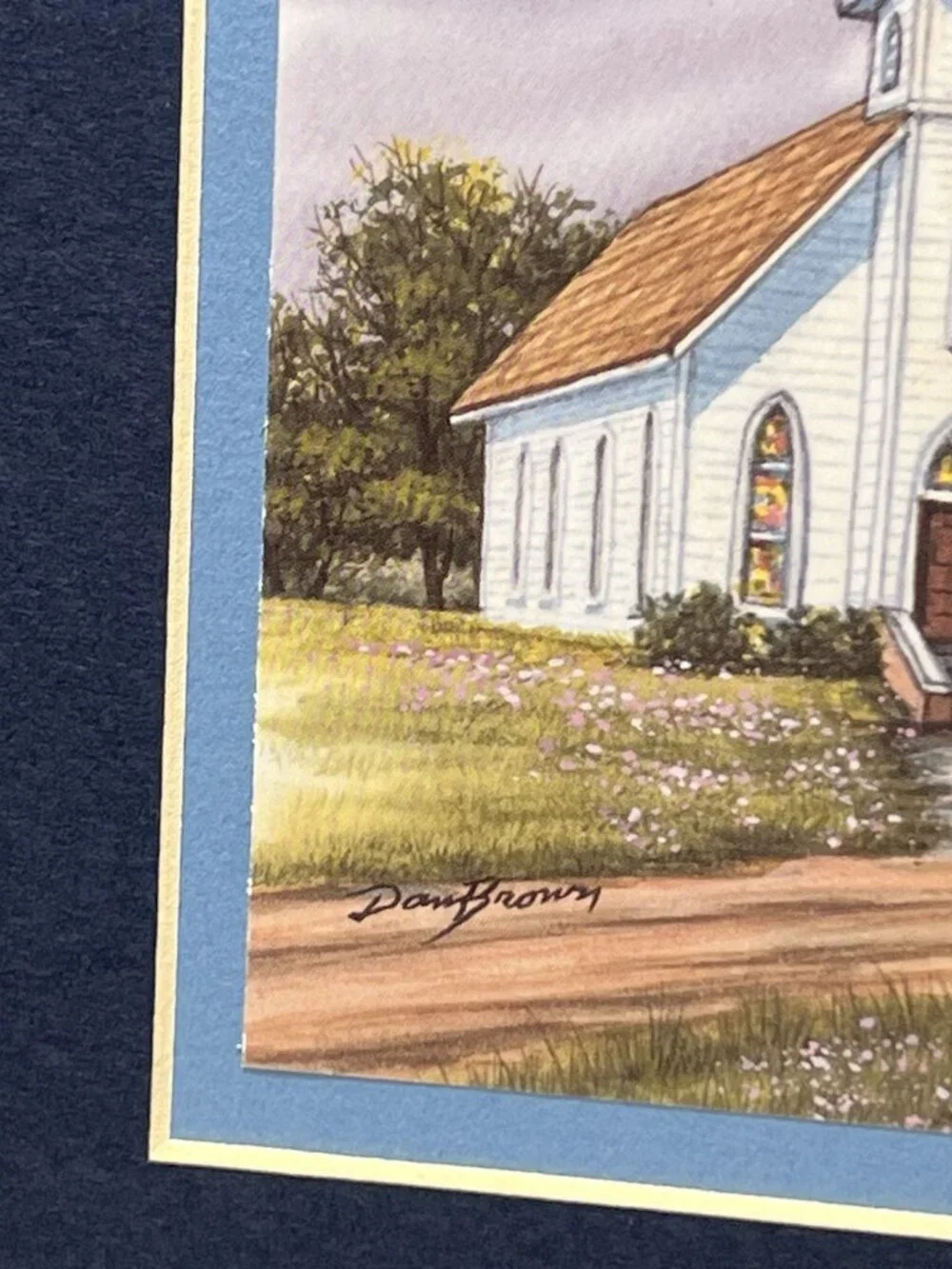 Vintage Old White Church Art Print Matted Ready to Frame 8” X 10”  Dan Brown